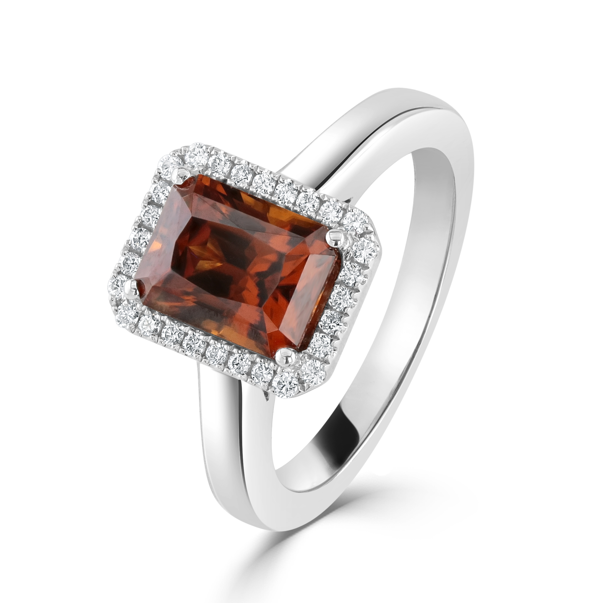 18ct White Gold Octangonal Cut Orange Zircon & Diamond Halo Cluster Ring