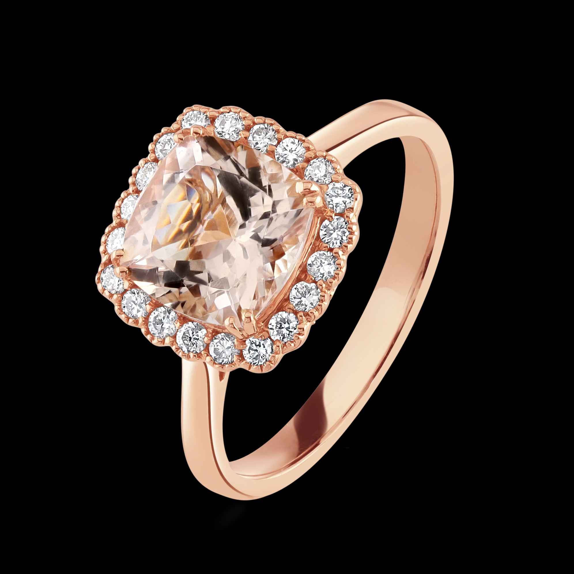 18ct Rose Gold Morganite & Diamond Cushion Cluster Ring