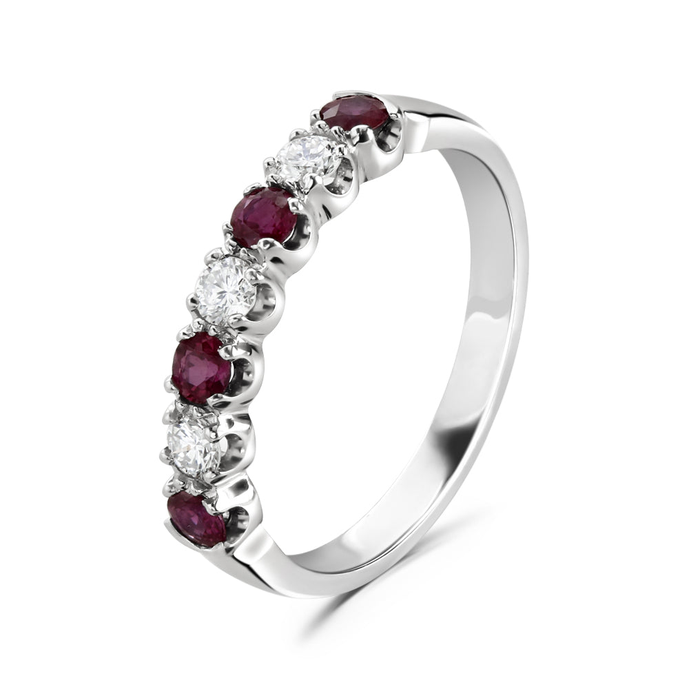 18ct White Gold Round Cut Ruby & Diamond 7-Stone Half Eternity Ring