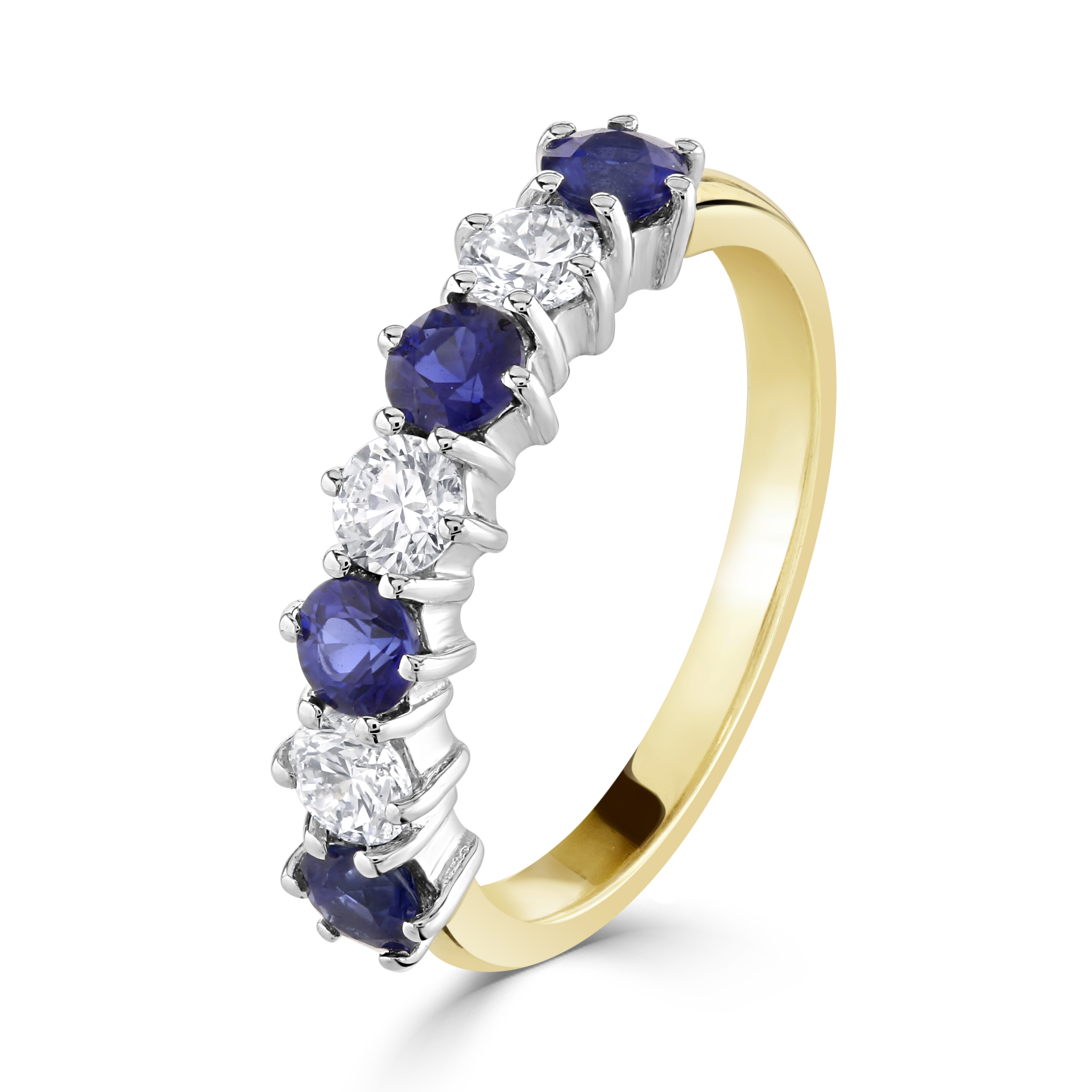 18ct Yellow Gold 7-Stone Sapphire & Diamond Claw Set Ring