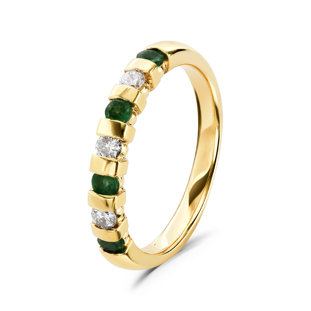 18ct Yellow Gold Emerald & Diamond Bar Set Half Eternity Ring