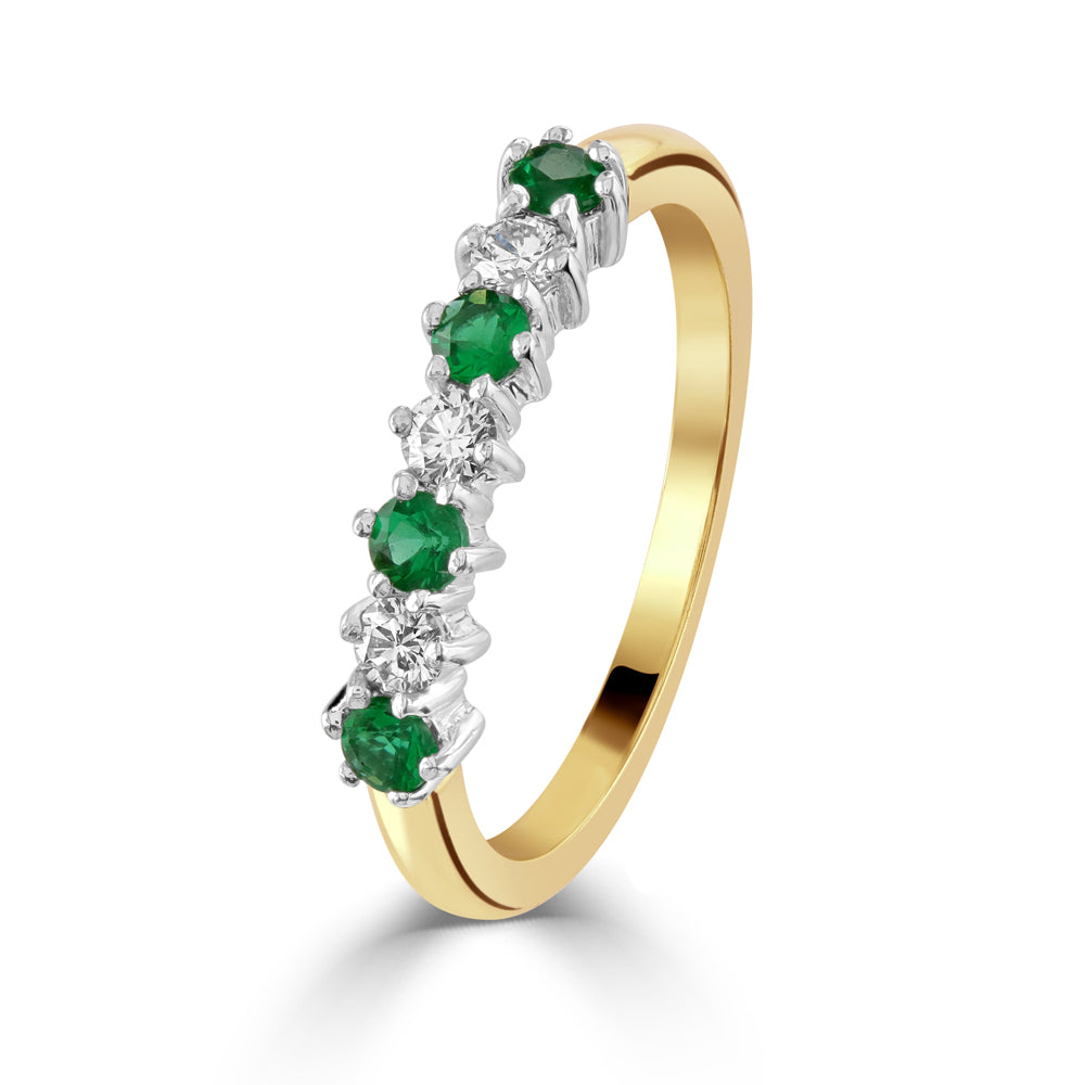 18ct Yellow Gold Emerald & Diamond Claw Set Half Eternity Ring