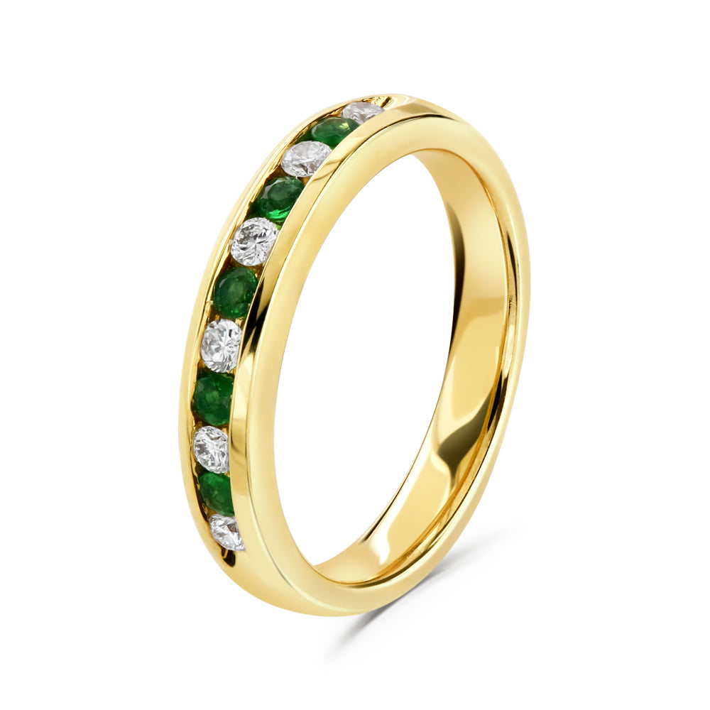 18ct Yellow Gold Emerald & Diamond Channel Set Half Eternity Ring