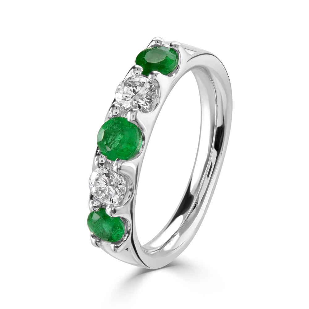 18ct White Gold Emerald & Diamond Claw Set 5-Stone Ring