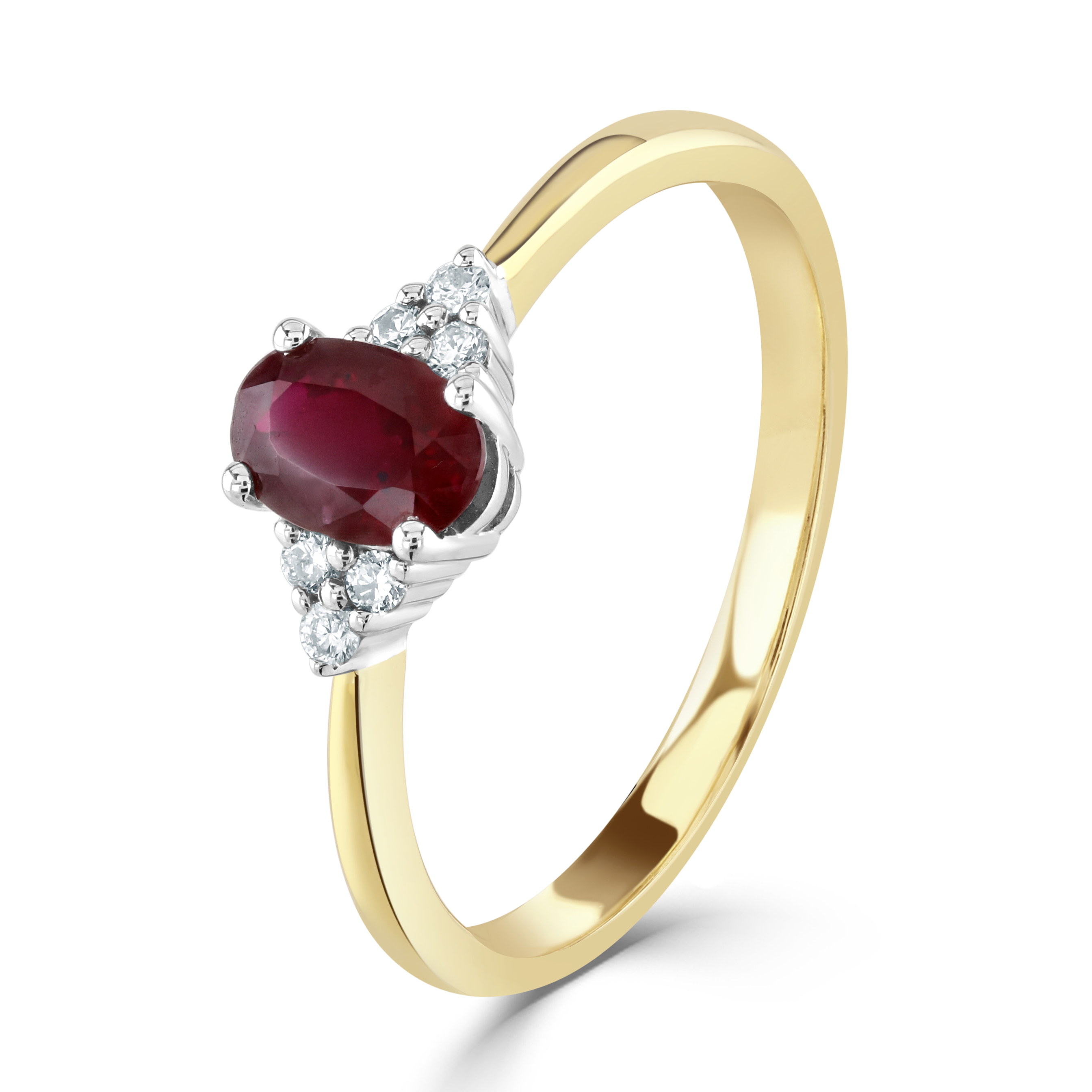 18ct Yellow and White Gold Oval Ruby and Trefoil Diamond Ring