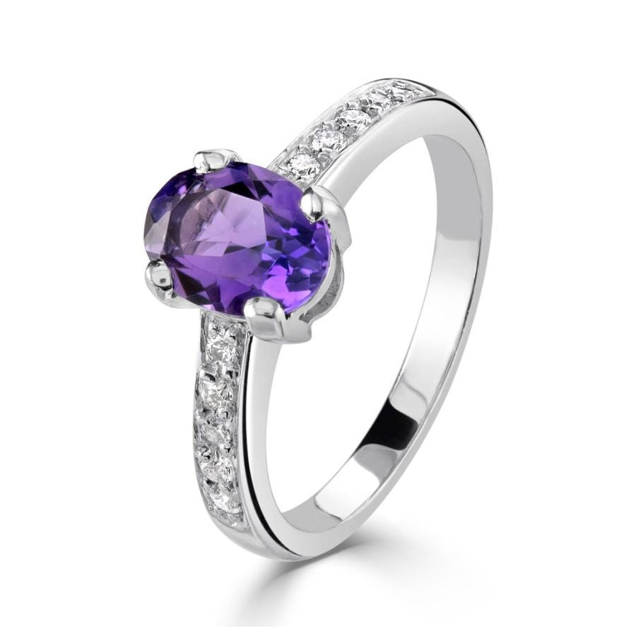 18ct White Gold Oval Cut Amethyst Ring with Diamond Set Shoulders