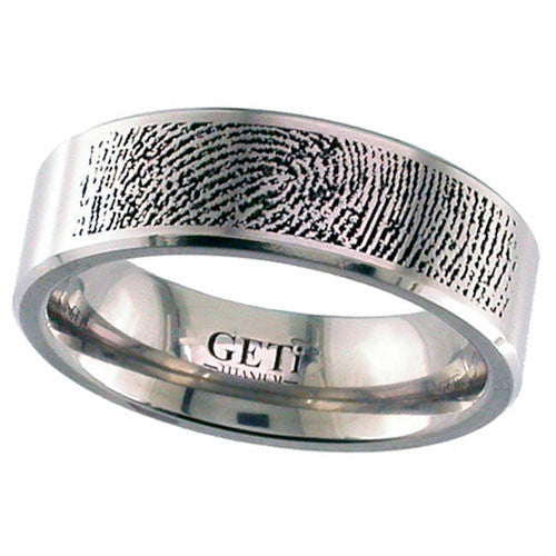 Titanium Satin Finish Flat Court Fingerprint Pattern Wedding Band, size S