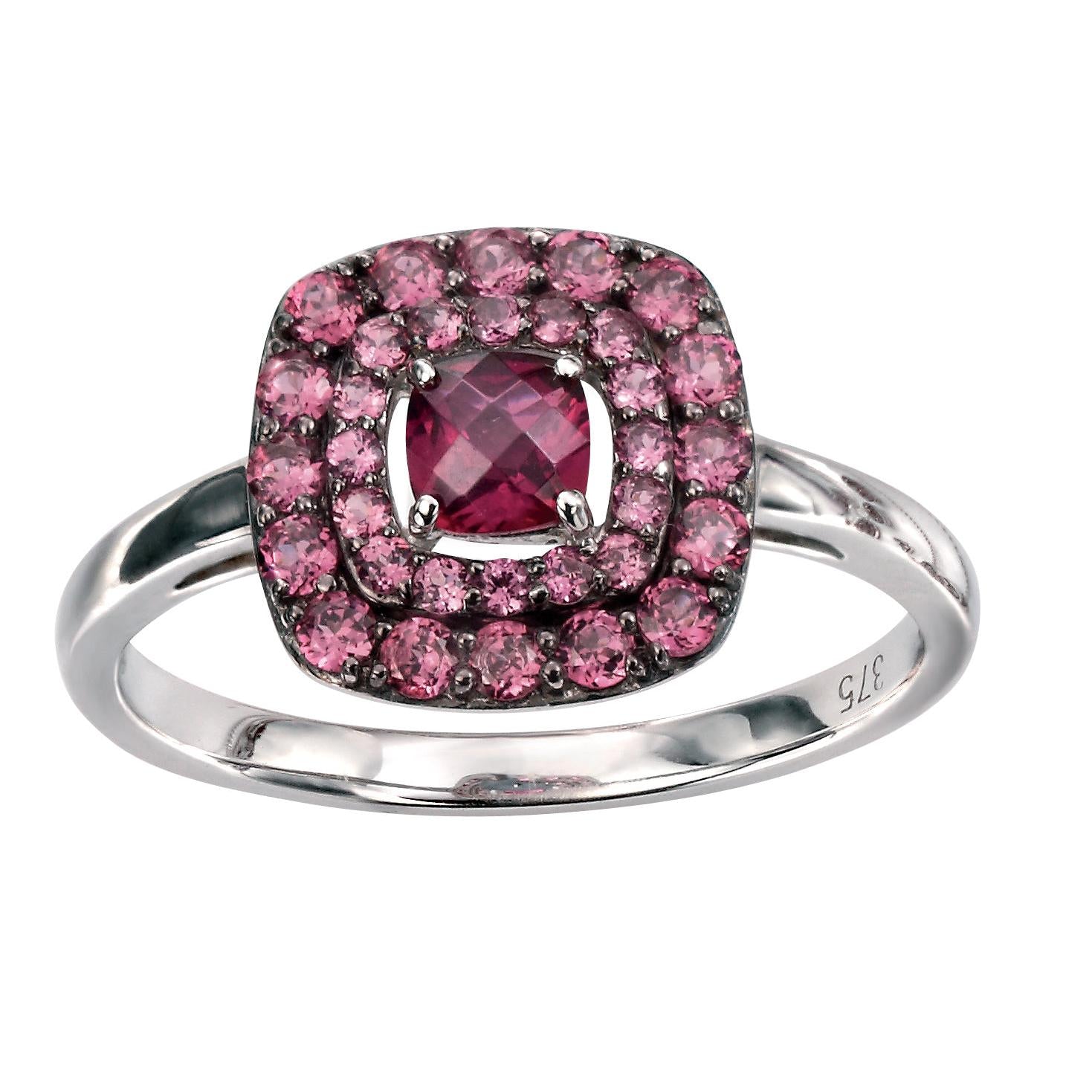 9ct White Gold Brazilian Garnet Set Double Halo Cluster Ring