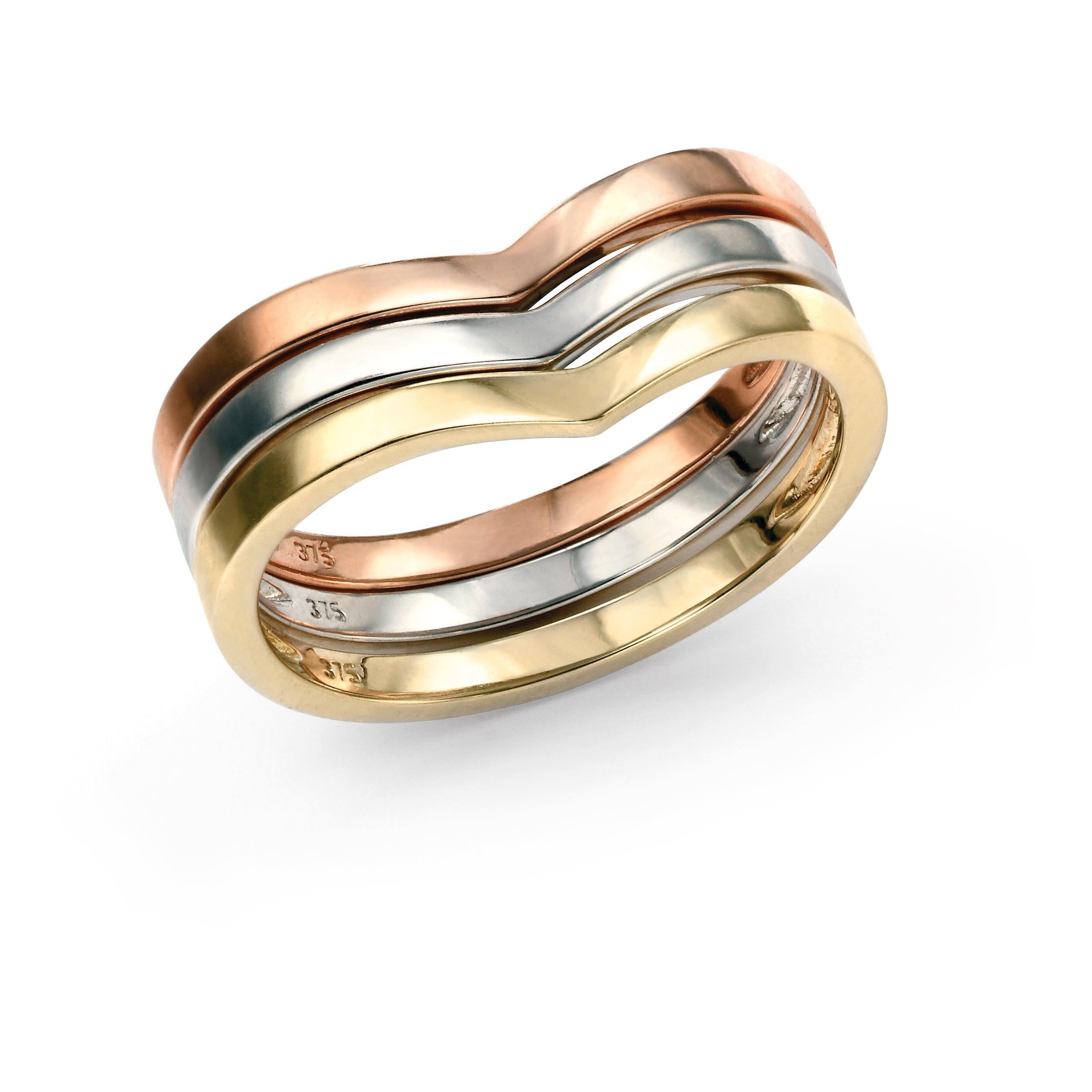 9ct Yellow, White & Rose Gold Wishbone Shaped Trilogy Ring
