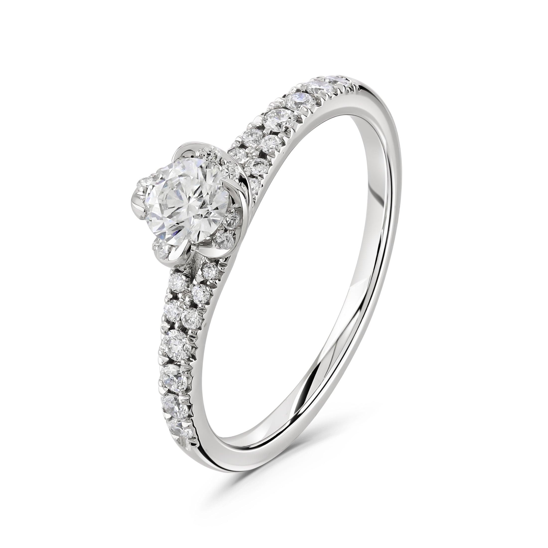 18ct White Gold Round Brilliant Cut Diamond Floral Cluster Ring with Diamond Shoulders