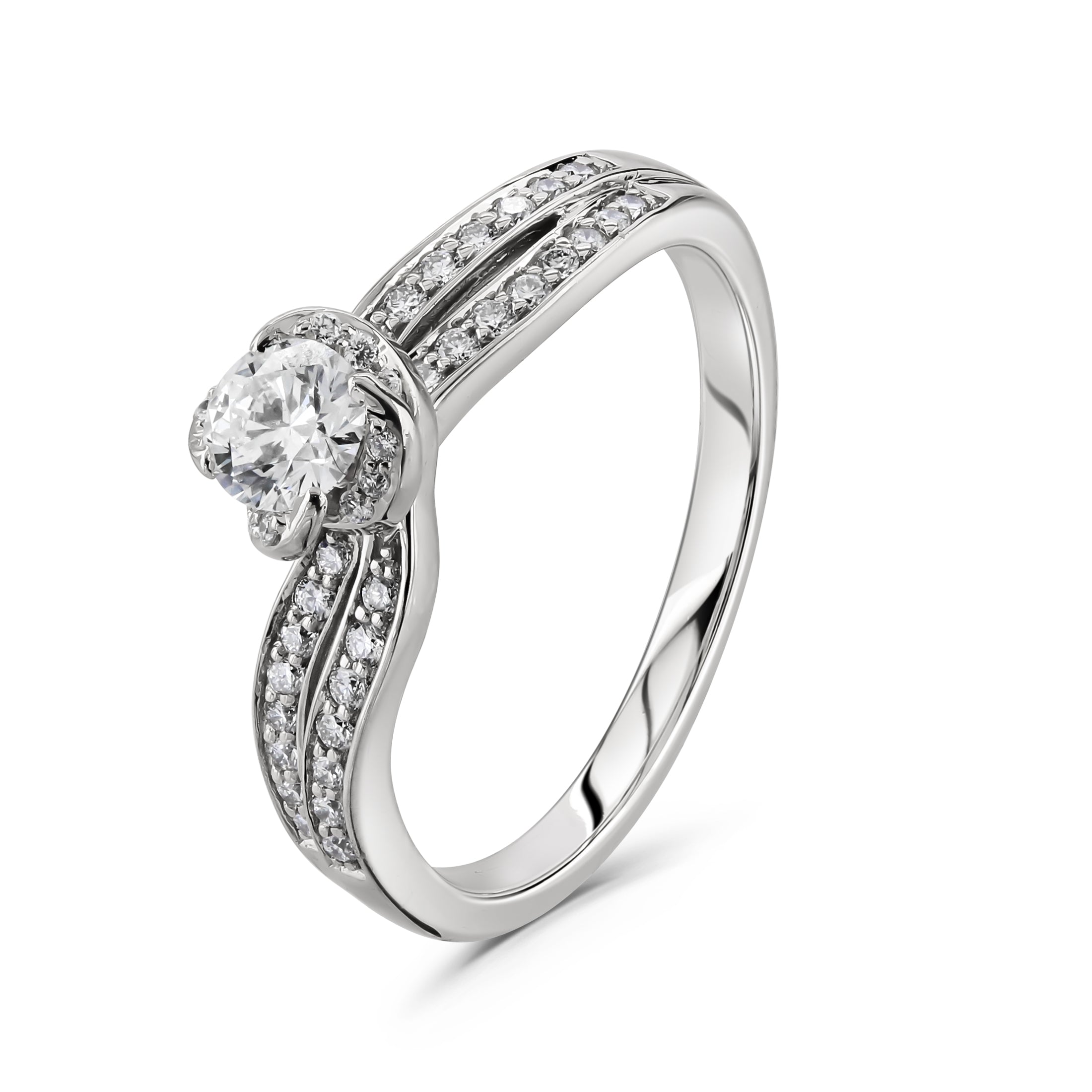 18ct White Gold Round Brilliant Cut Diamond Ring with 2-Row Diamond Shoulders