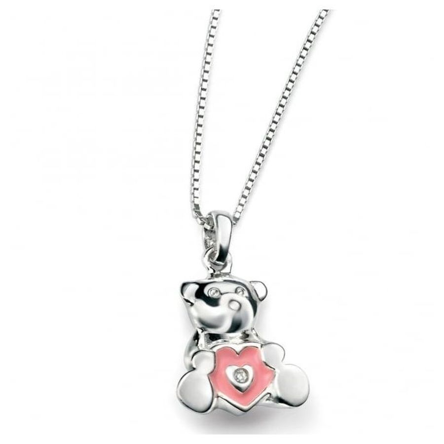 Silver & Pink Enamel Diamond Set Teddy Bear Pendant
