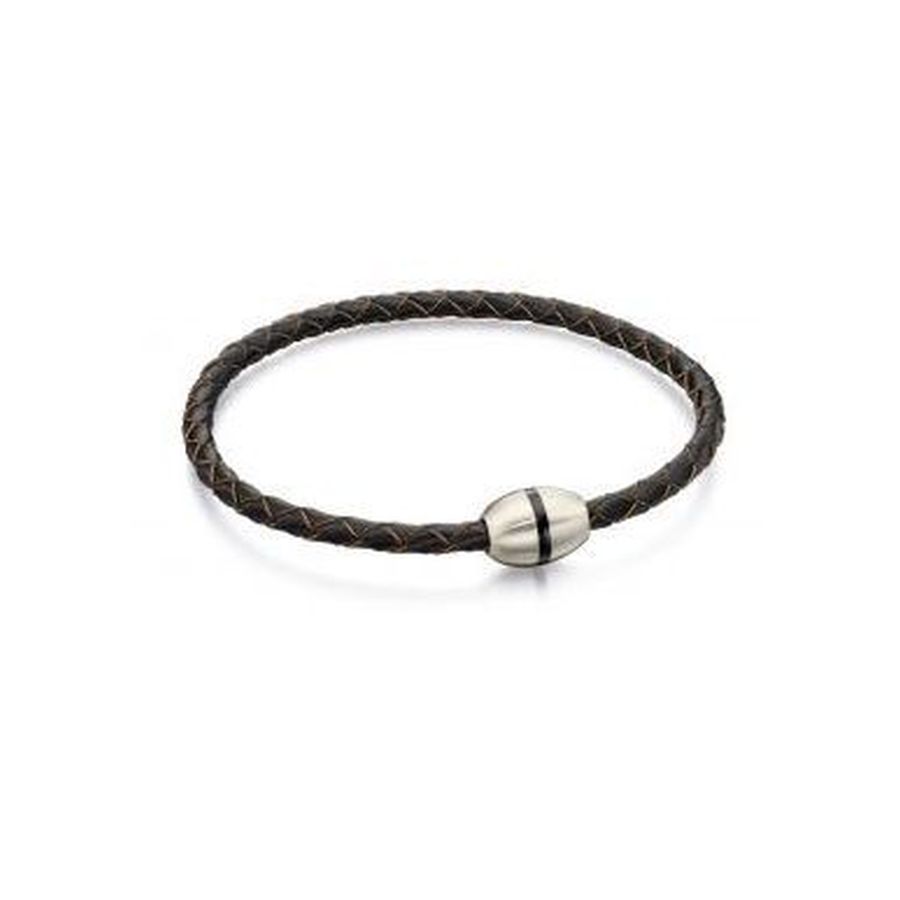Fred Bennett Stainless Steel & Brown Leather Thin Bracelet