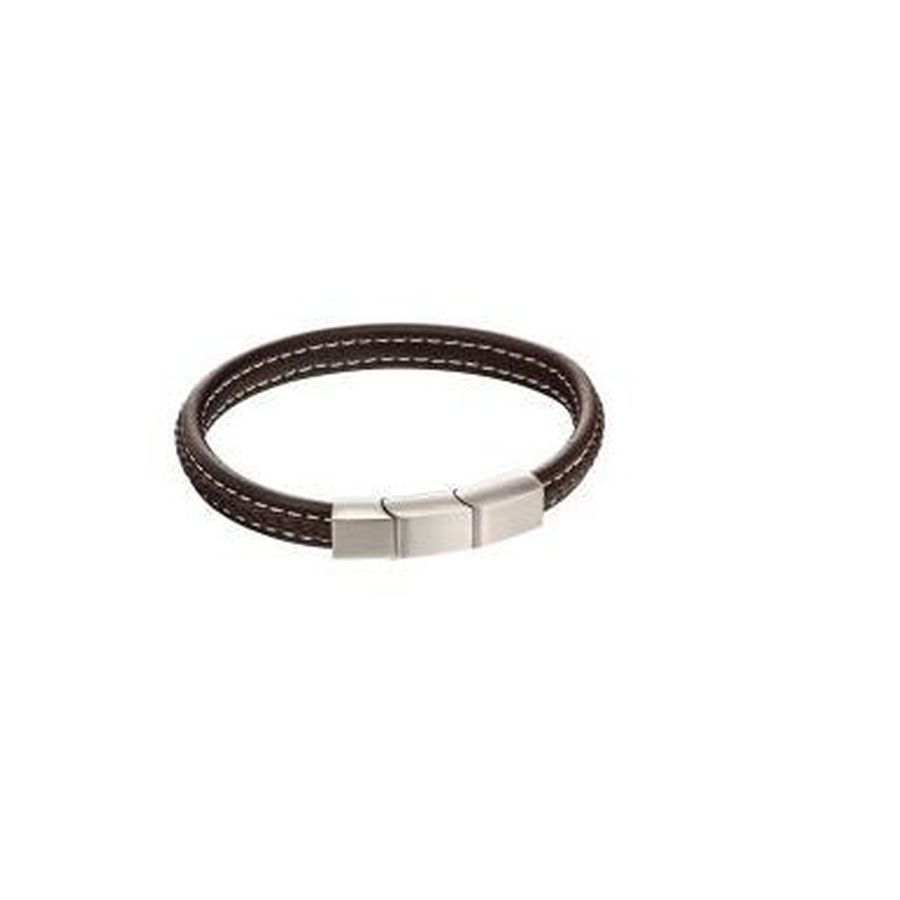Fred Bennett Stainless Steel & Brown Leather Plaited Bracelet