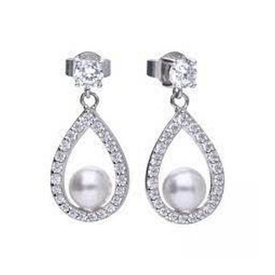 Silver freshwater pearl & CZ teardrop shaped drop earrings