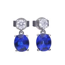 Silver Blue Oval & White Cz Drop Earrings