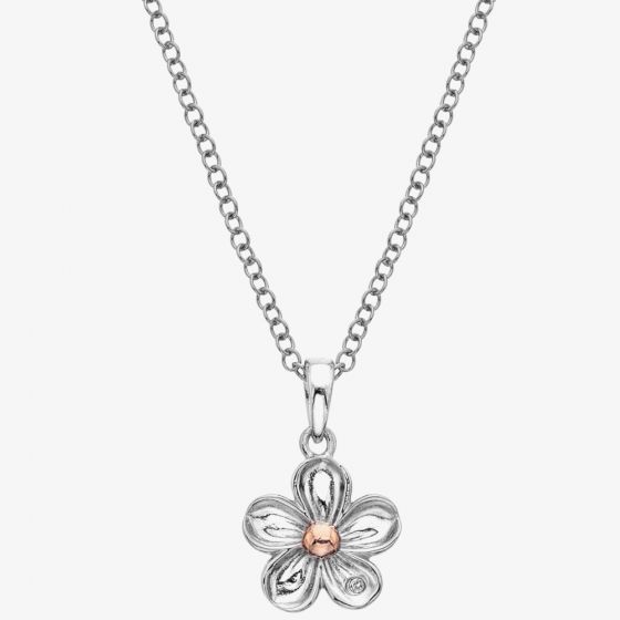 Silver and Rose Gold Plated Diamond Set Forget Me Not Pendant on a 16-18' Silver Chain