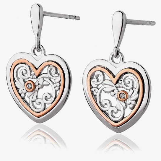 Silver & 9ct Rose Gold Tree of Life Single Diamond Drop Earrings