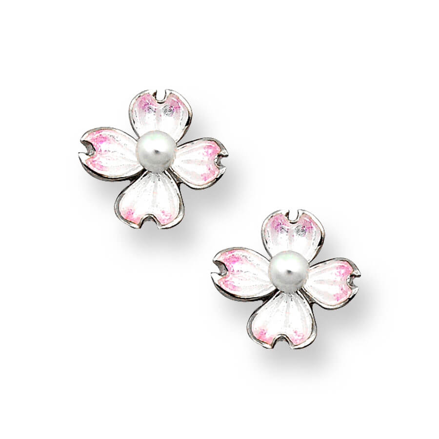 Silver White Dogwood Stud Earrings