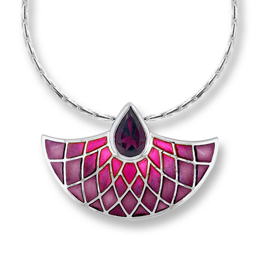 Silver & Enamel Rhodolite Set Pink Fan Pendant