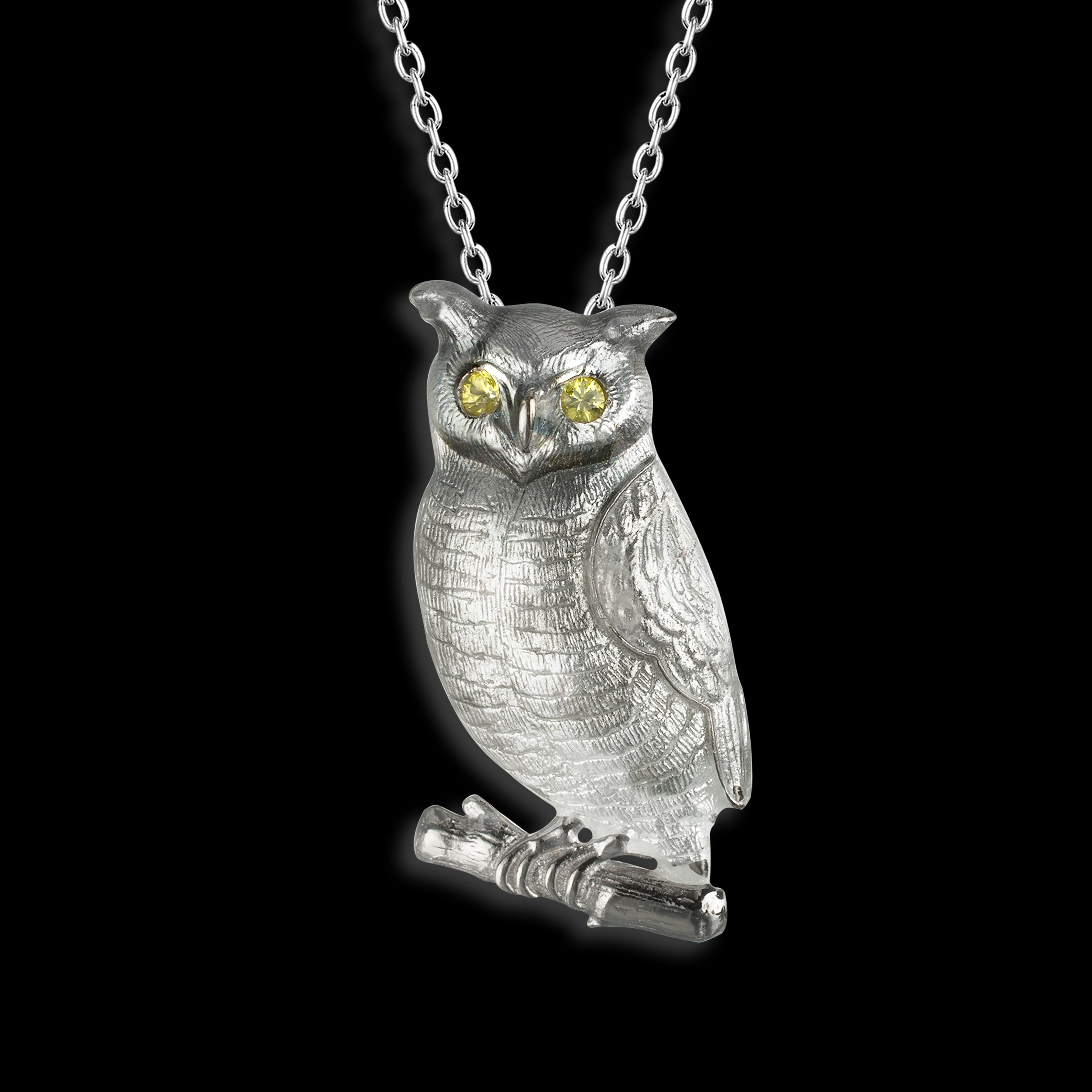 Silver Yellow Sapphire Set Owl Pendant