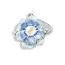 Silver & Enamel Pearl Set Blue Floral Ring