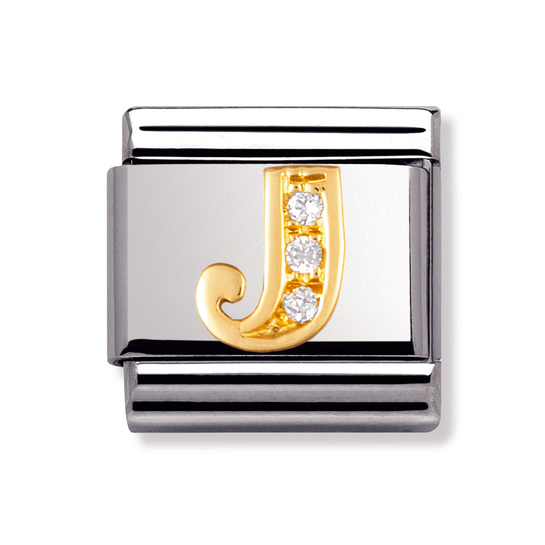 Composable Classic Letters In Stainless Steel With 18k Gold And Cubic Zirconia (J)