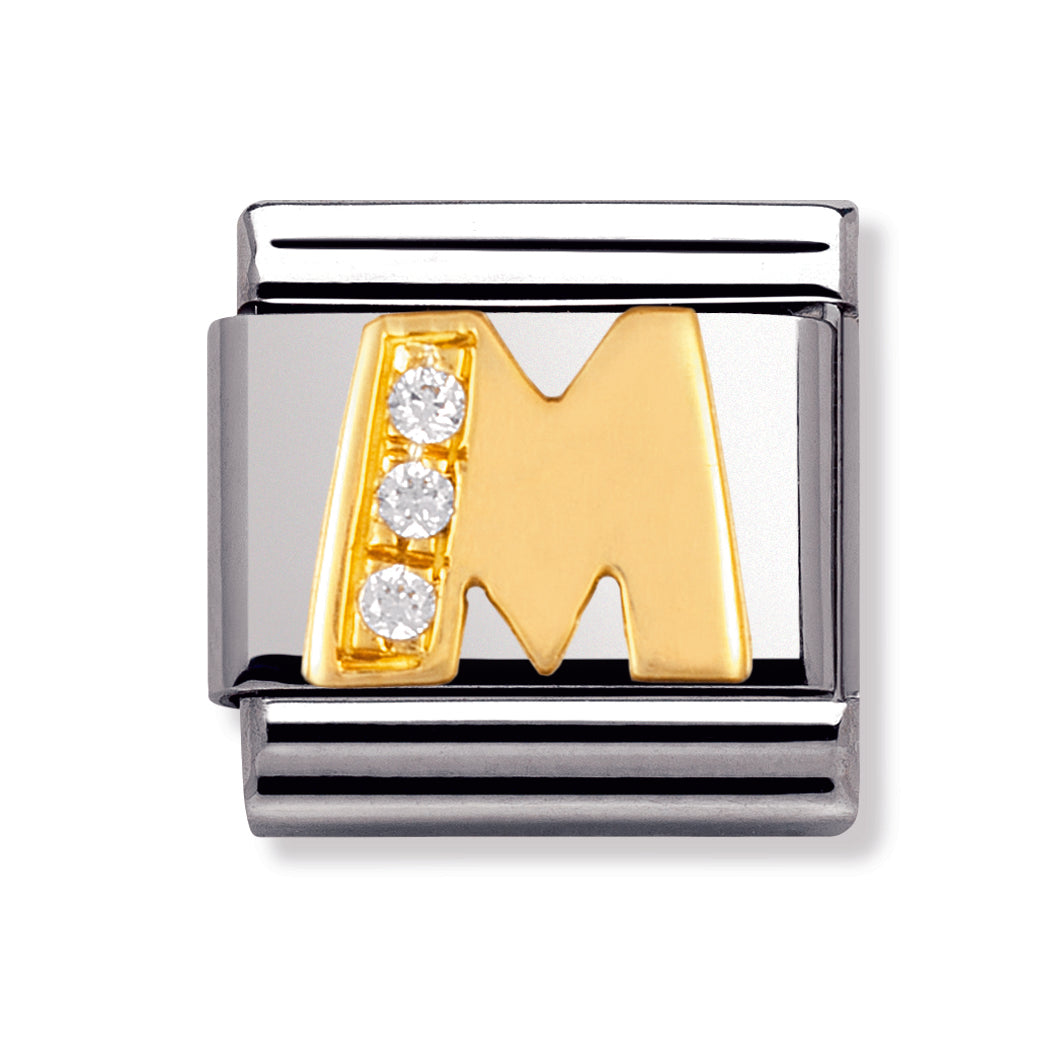 Composable Classic Letters In Stainless Steel With 18k Gold And Cubic Zirconia (M)
