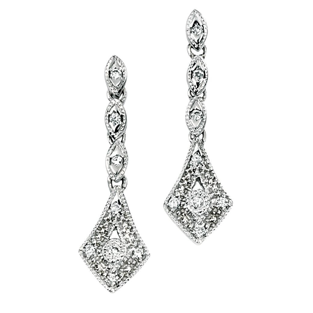 9ct White Gold Vintage Style Diamond Drop Earrings
