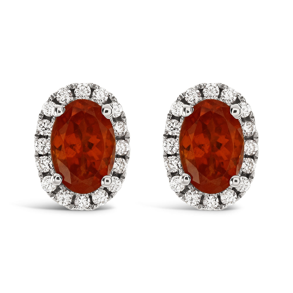18ct White Gold Oval Mandarin Garnet & Diamond Halo Cluster Stud Earrings