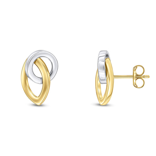 9ct Yellow & White Gold Marquise and Circle Stud Earrings 14x9mm