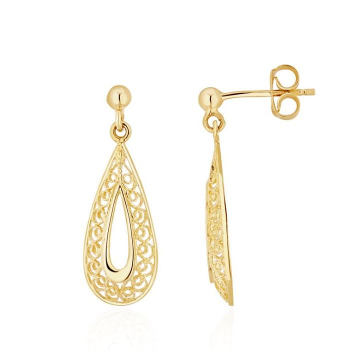 9ct White Gold Pear Shaped Filigree Patterned Drop Earrings