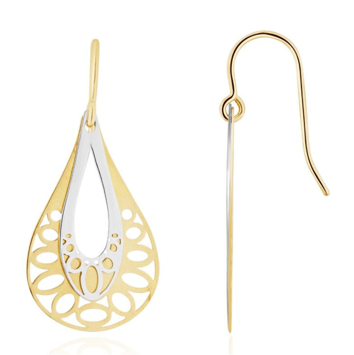 9CT Two Tone White & Yellow Gold Polished Filigree Drop Earrings 33x15mm