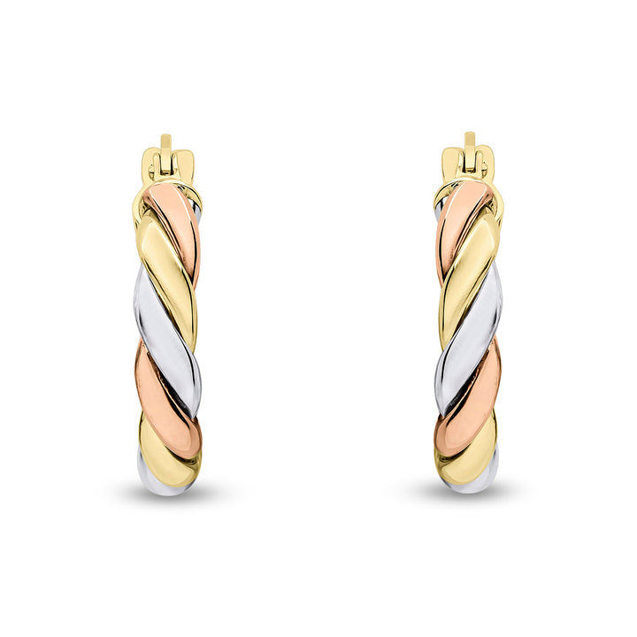 9ct Three colour, Yellow, White & Rose Gold Thick Rope Twist Hoop Earrings
