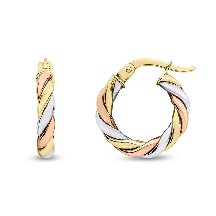 9ct Three colour, Yellow, White & Rose Gold Thick Rope Twist Hoop Earrings