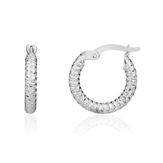 9ct White Gold Small Diamond Cut Hoop Earrings