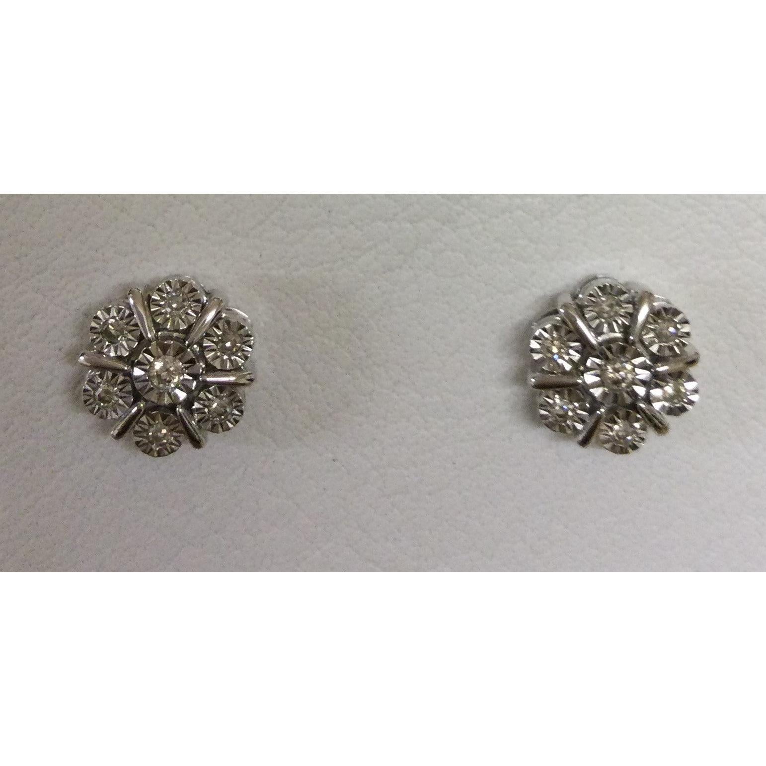9ct White Gold Illusion Set Diamond Flower Cluster Stud Earrings