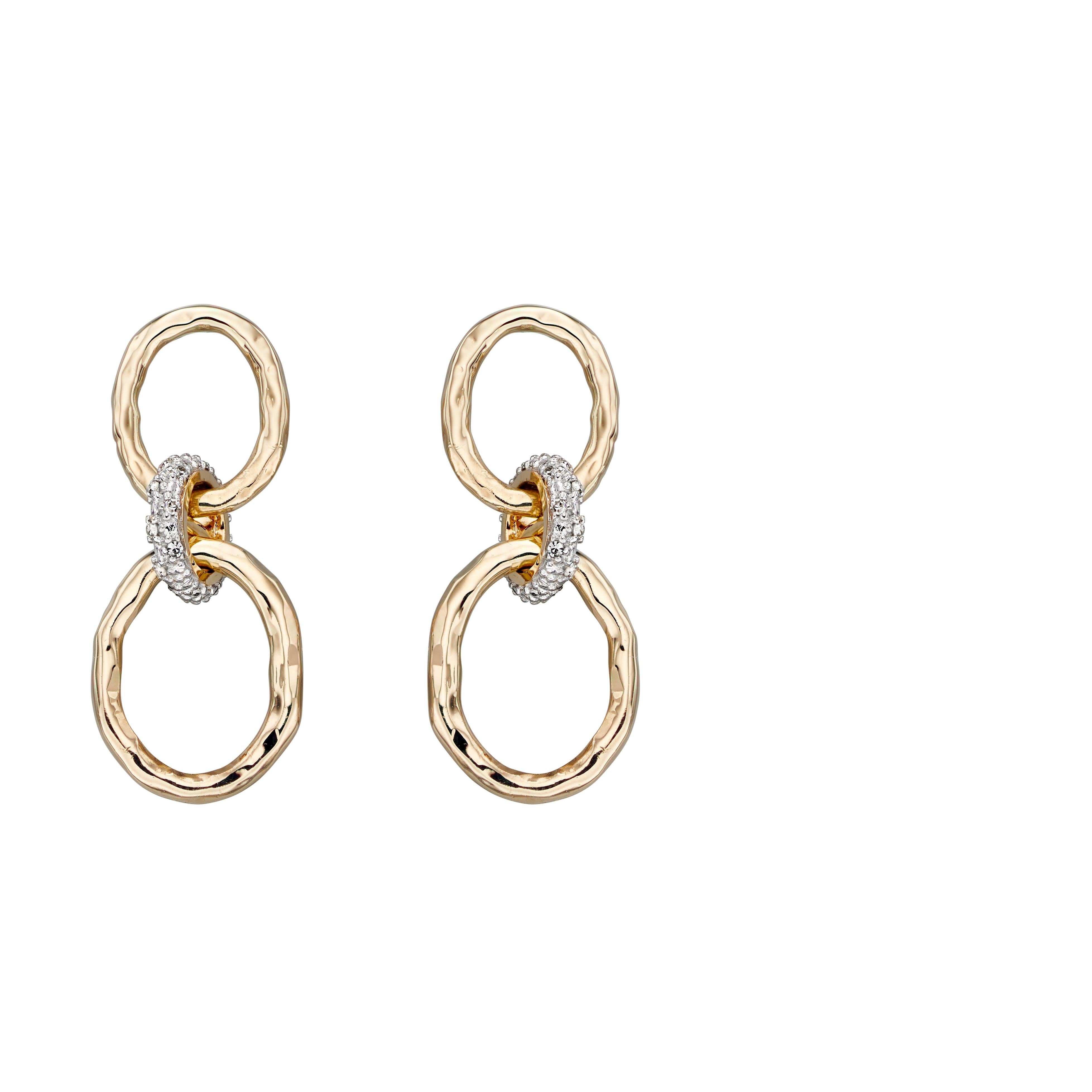 9ct Yellow Gold Diamond Set Hammered Loop Drop Earrings