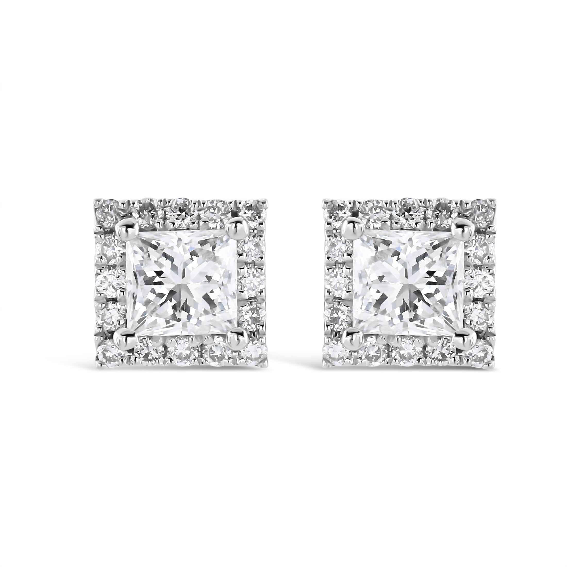 18ct White Gold Princess Cut Diamond Halo Cluster Stud Earrings