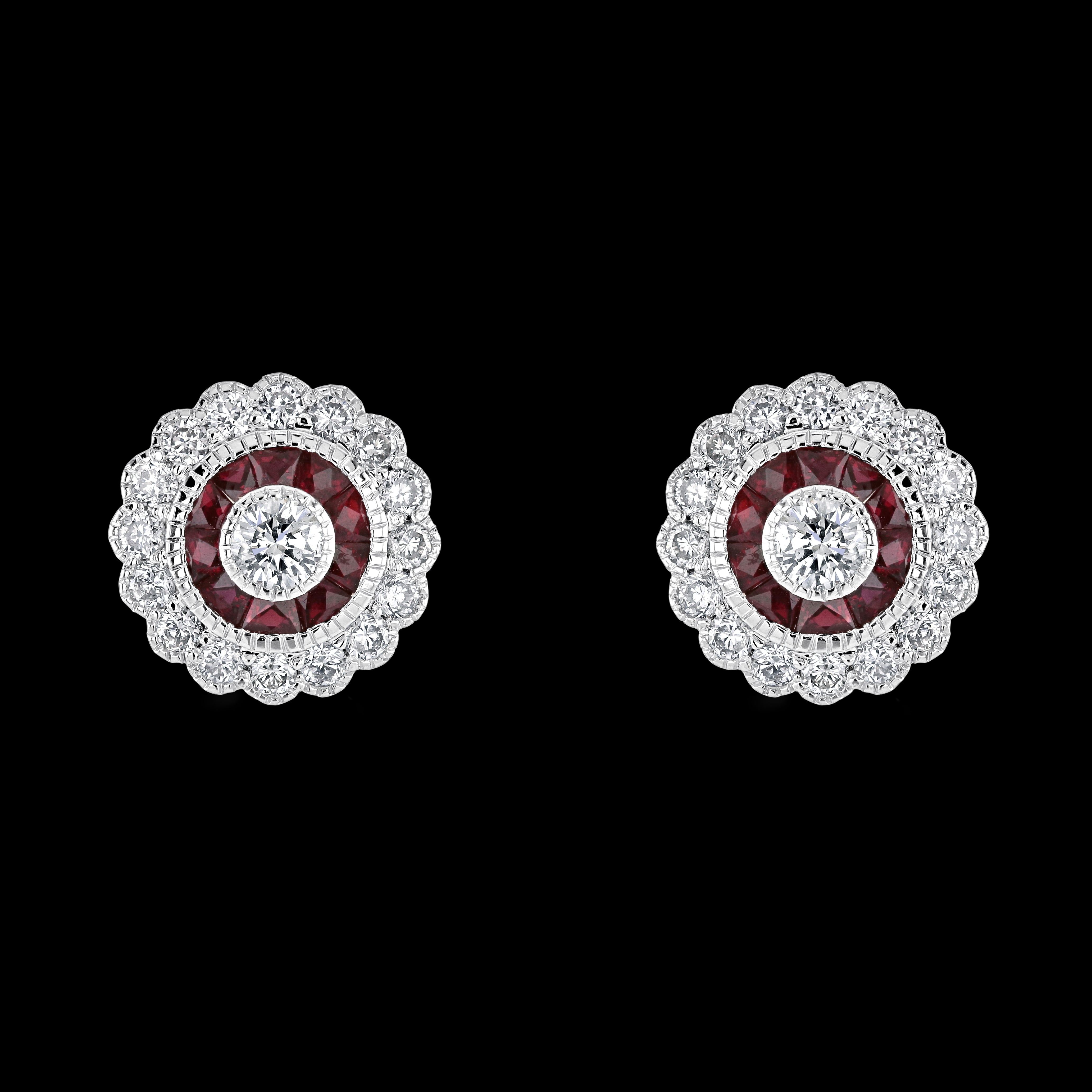 18ct White Gold Ruby & Diamond Cluster Stud Earrings