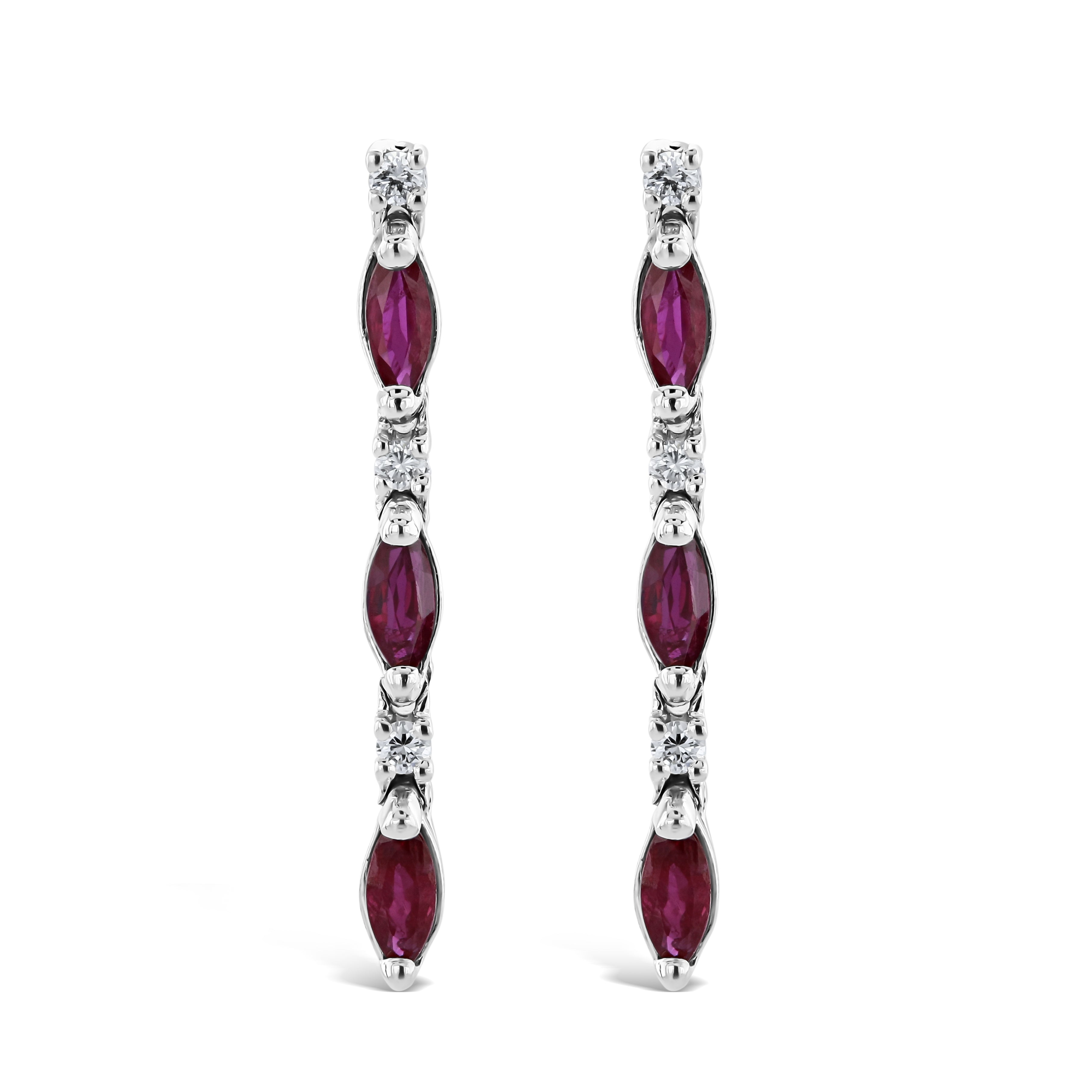 18ct White Gold Marquise Cut Ruby & Diamond Line Drop Earrings