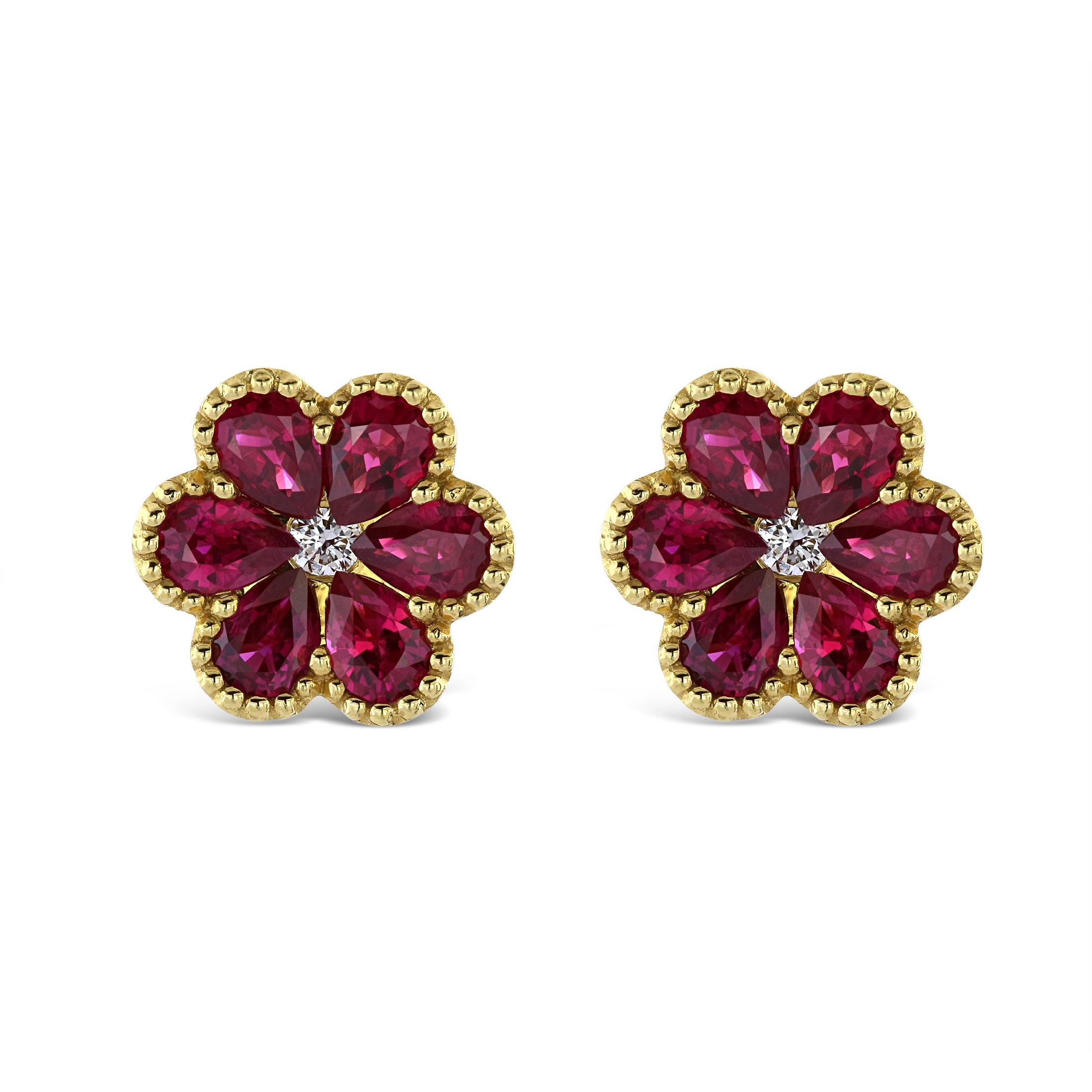 18ct Yellow Gold Ruby & Diamond Flower Stud Earrings