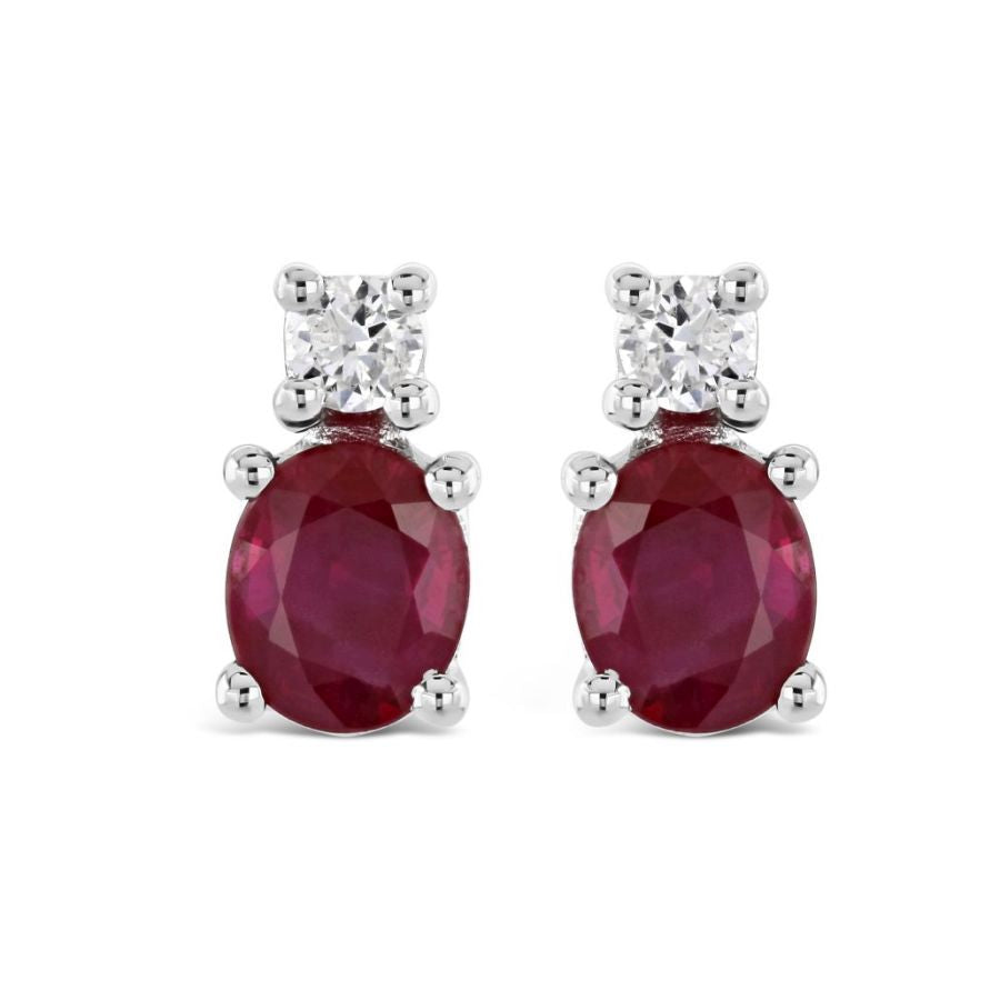 18ct White Gold Oval Cut Ruby & Round Brilliant Cut Diamond Earrings