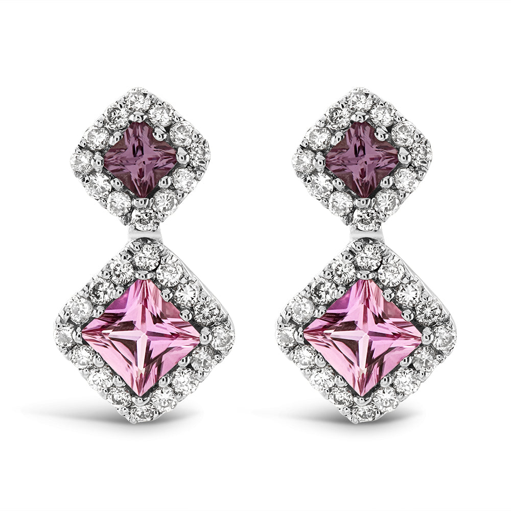 18ct White Gold Pink Sapphire & Diamond Cluster Drop Earrings