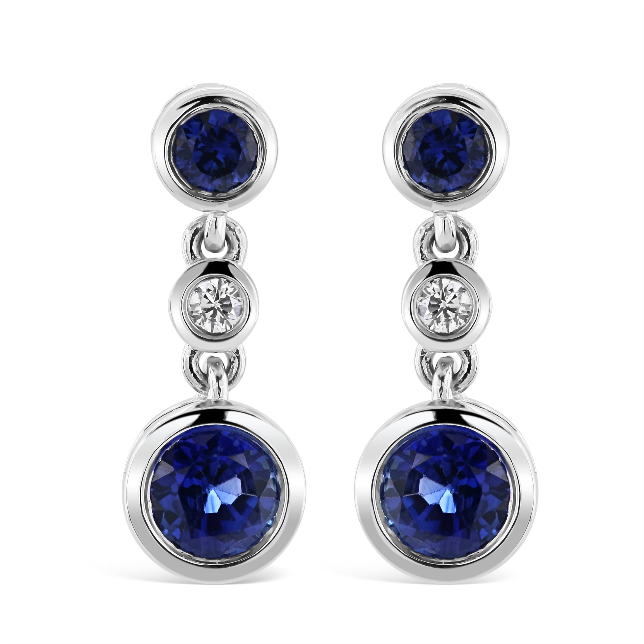 18ct White Gold Rubover Set Sapphire & Diamond Drop Earrings
