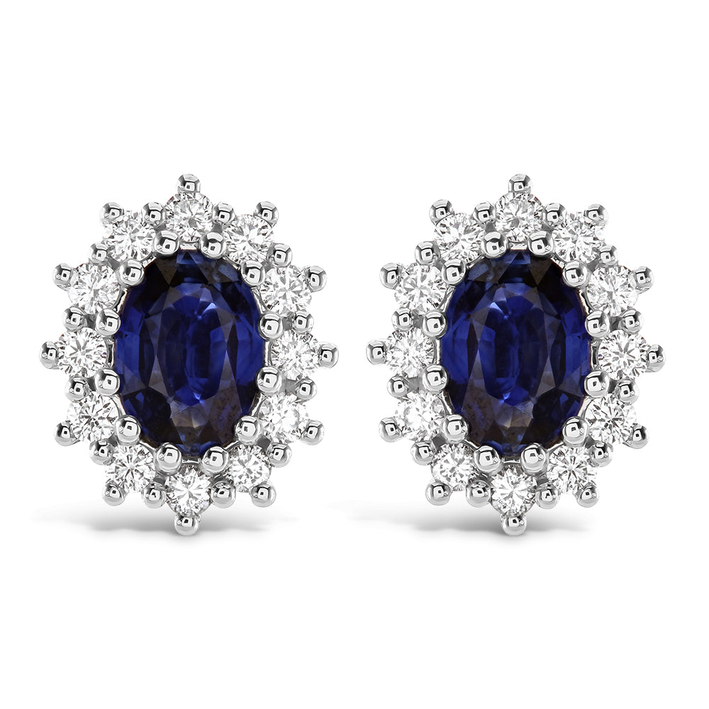18ct White Gold Oval Cut Sapphire & Diamond Cluster Stud Earrings