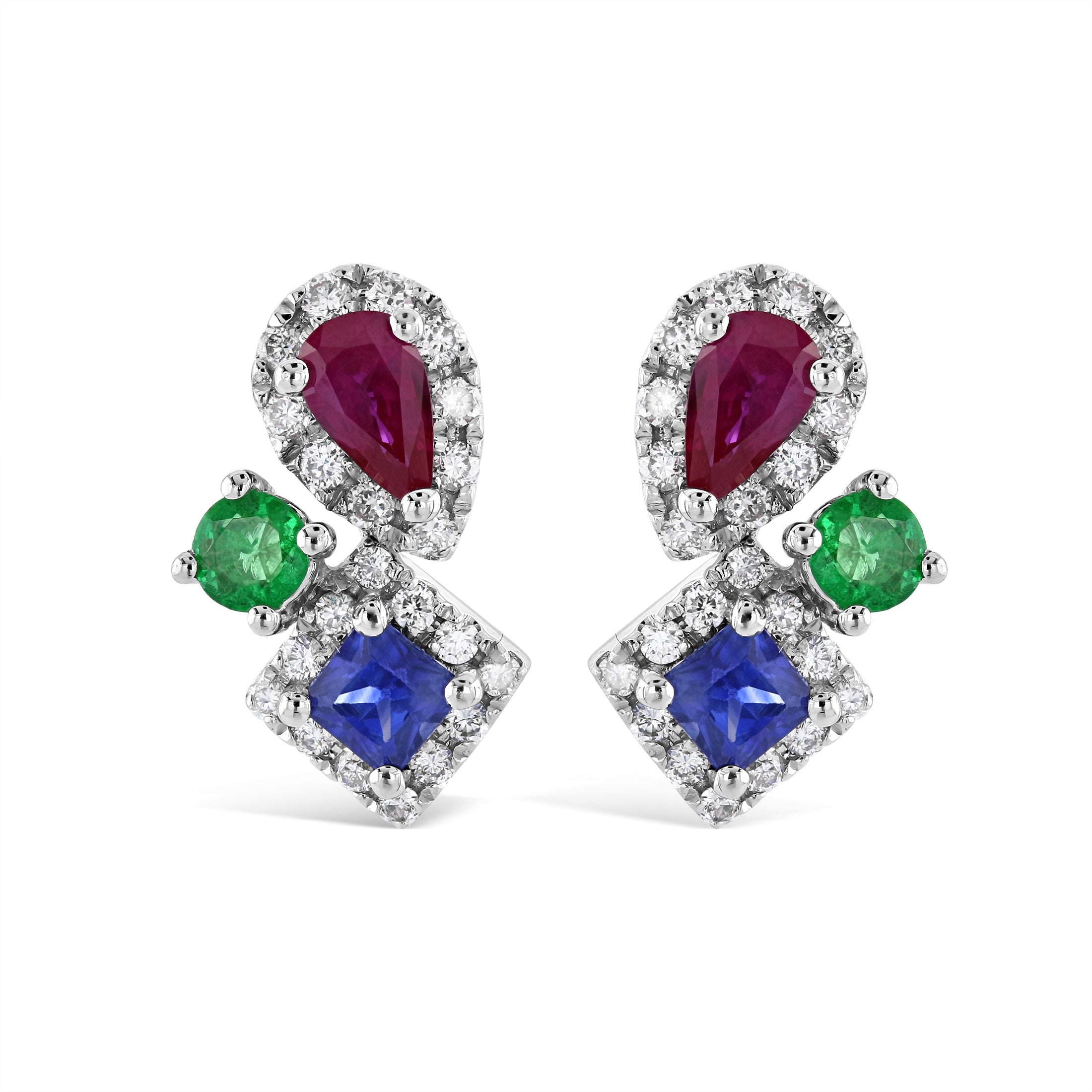 18ct White Gold Sapphire, Ruby, Emerald & Diamond Stud Earrings