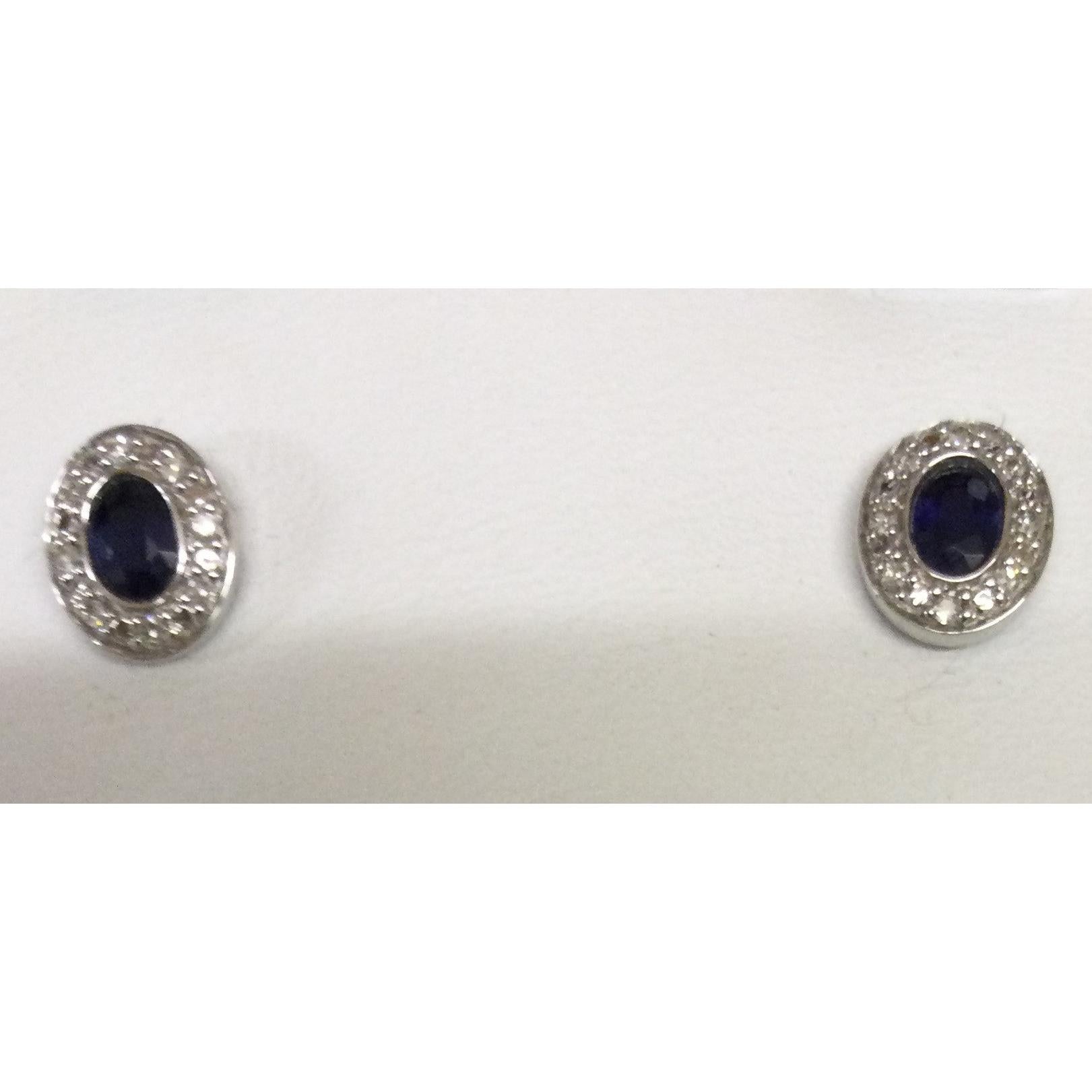 9ct White Gold Oval Blue sapphire and diamond cluster stud ear rings