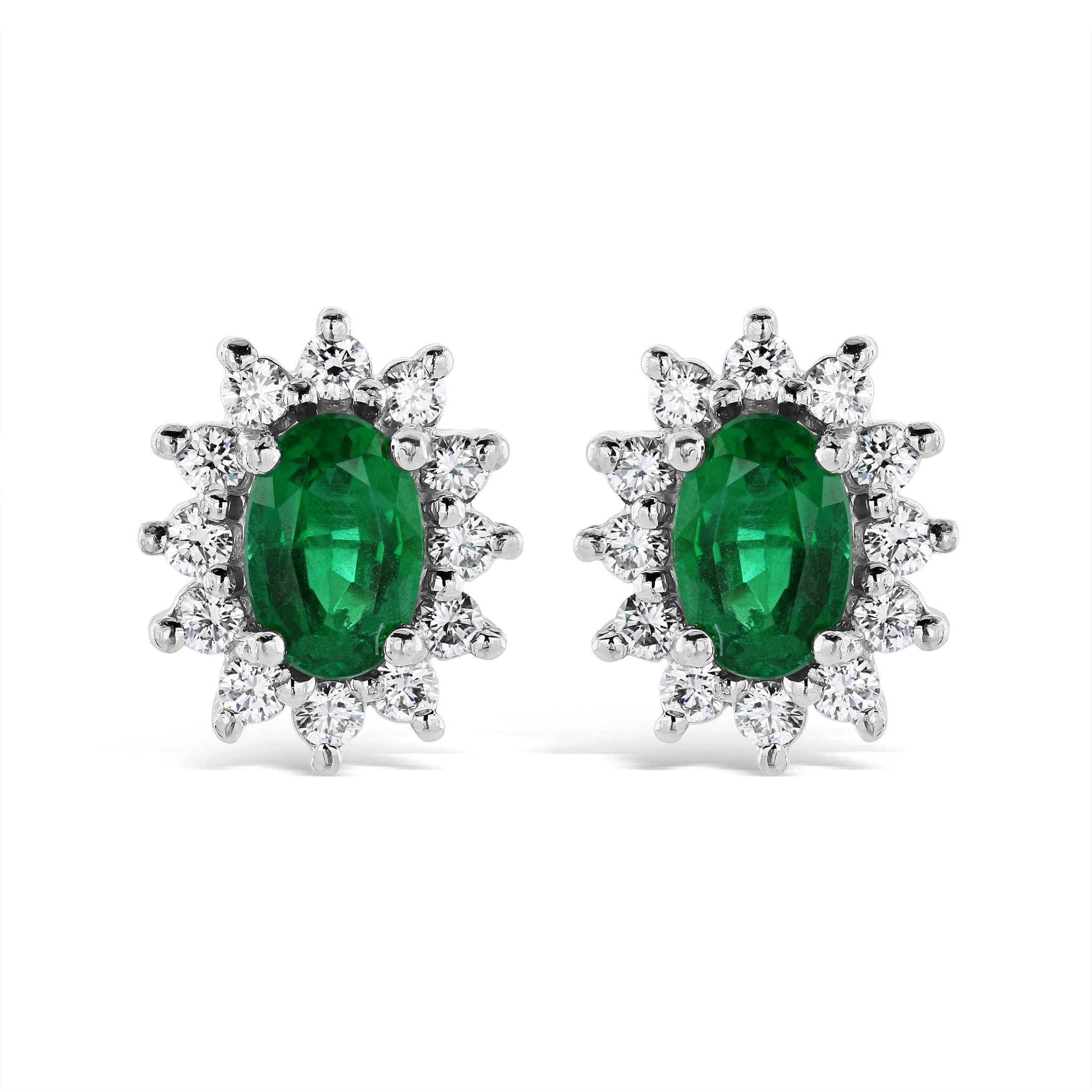 18ct White Gold Oval Cut Emerald & Diamond Cluster Stud Earrings