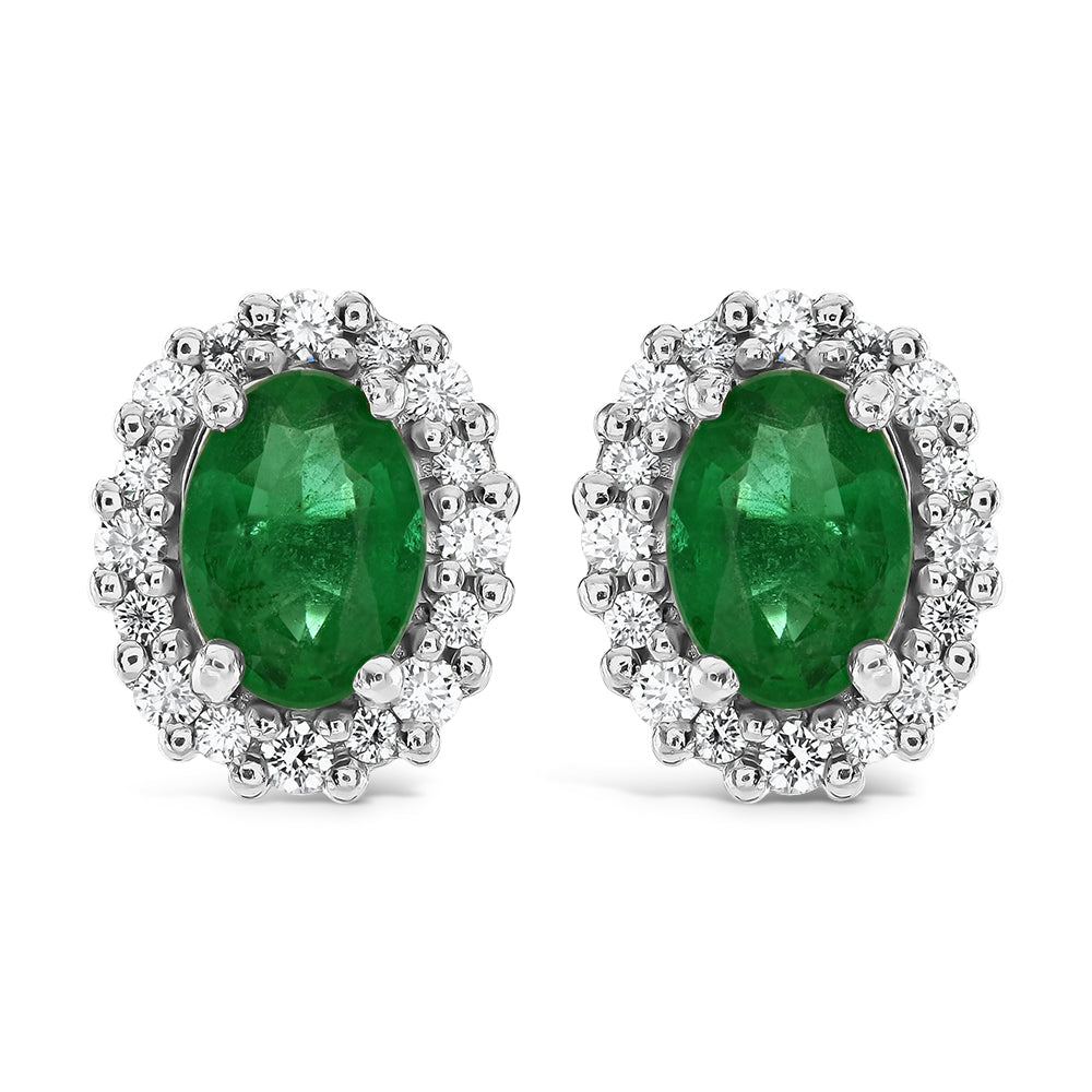 18ct Yellow Gold Oval Cut Emerald & Diamond Cluster Stud Earrings
